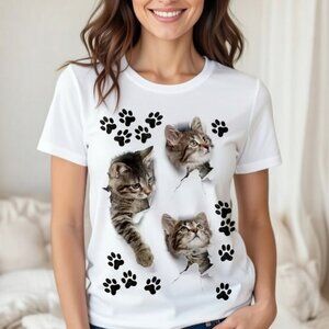 3D Cute Kittens Graphic T-Shirt Women's Size Large White Paw Print Cat Tee